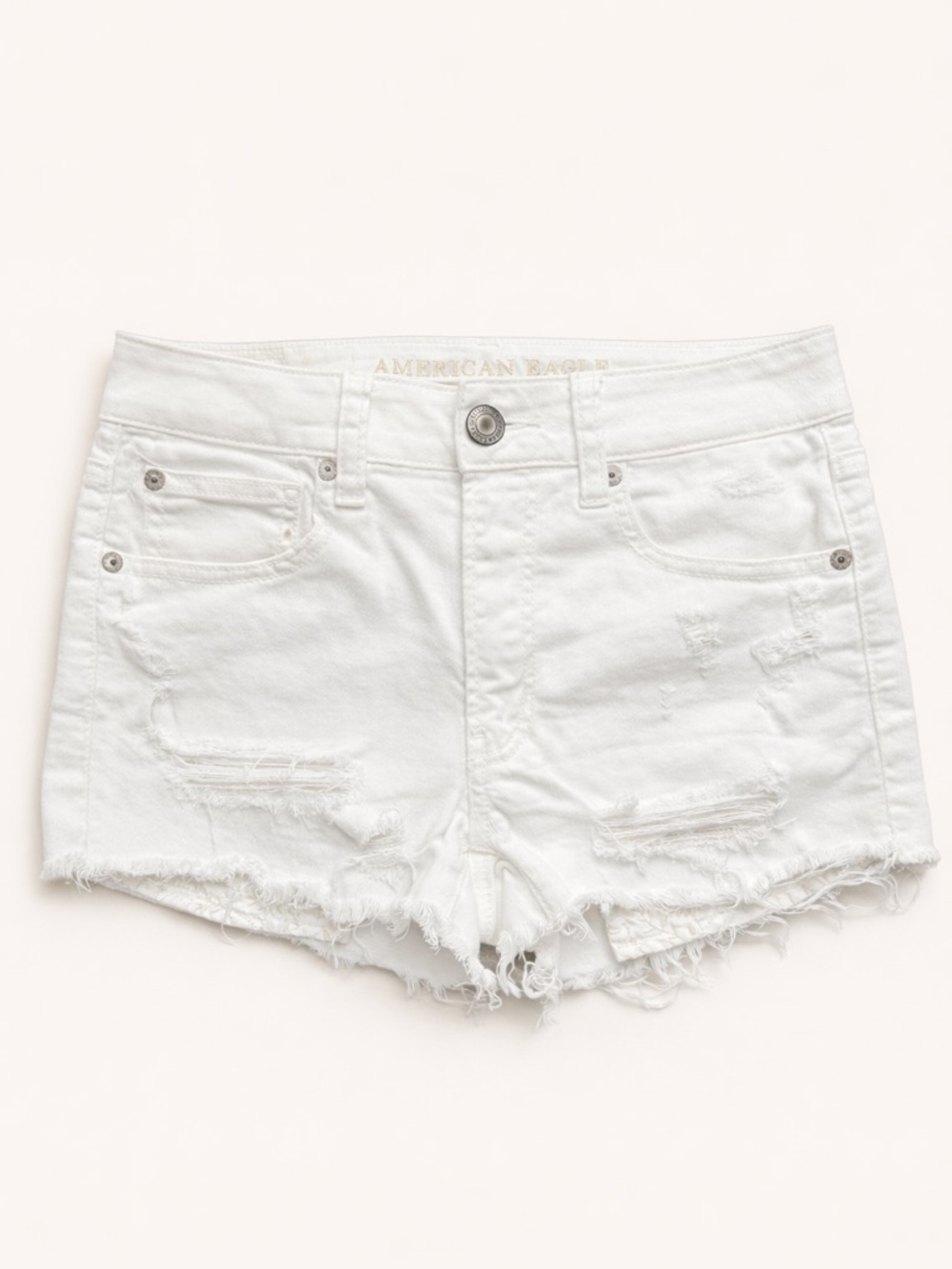 American Eagle Stretch Hi-Rise Shortie Shorts White Distressed Size 2